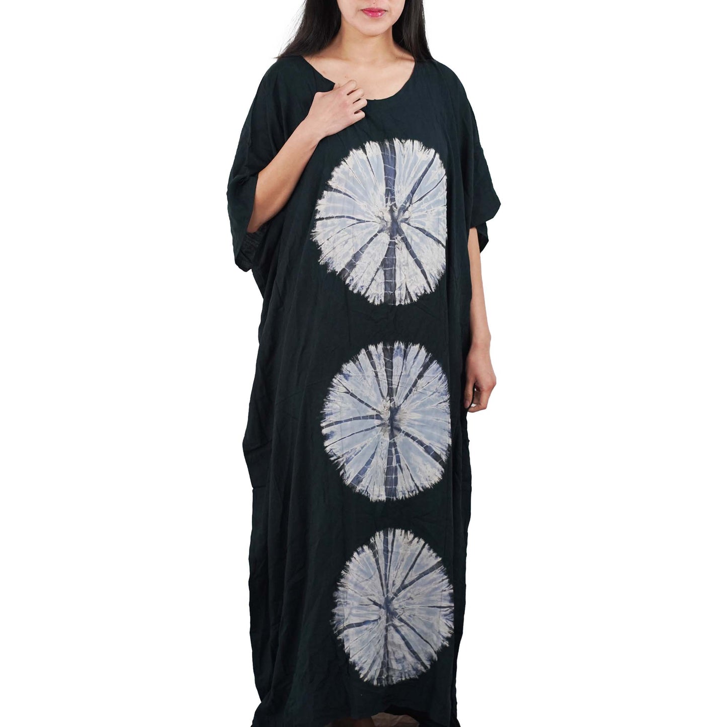 Kaftan Tie Dye Long Dress Shibori Black White Floral Pattern