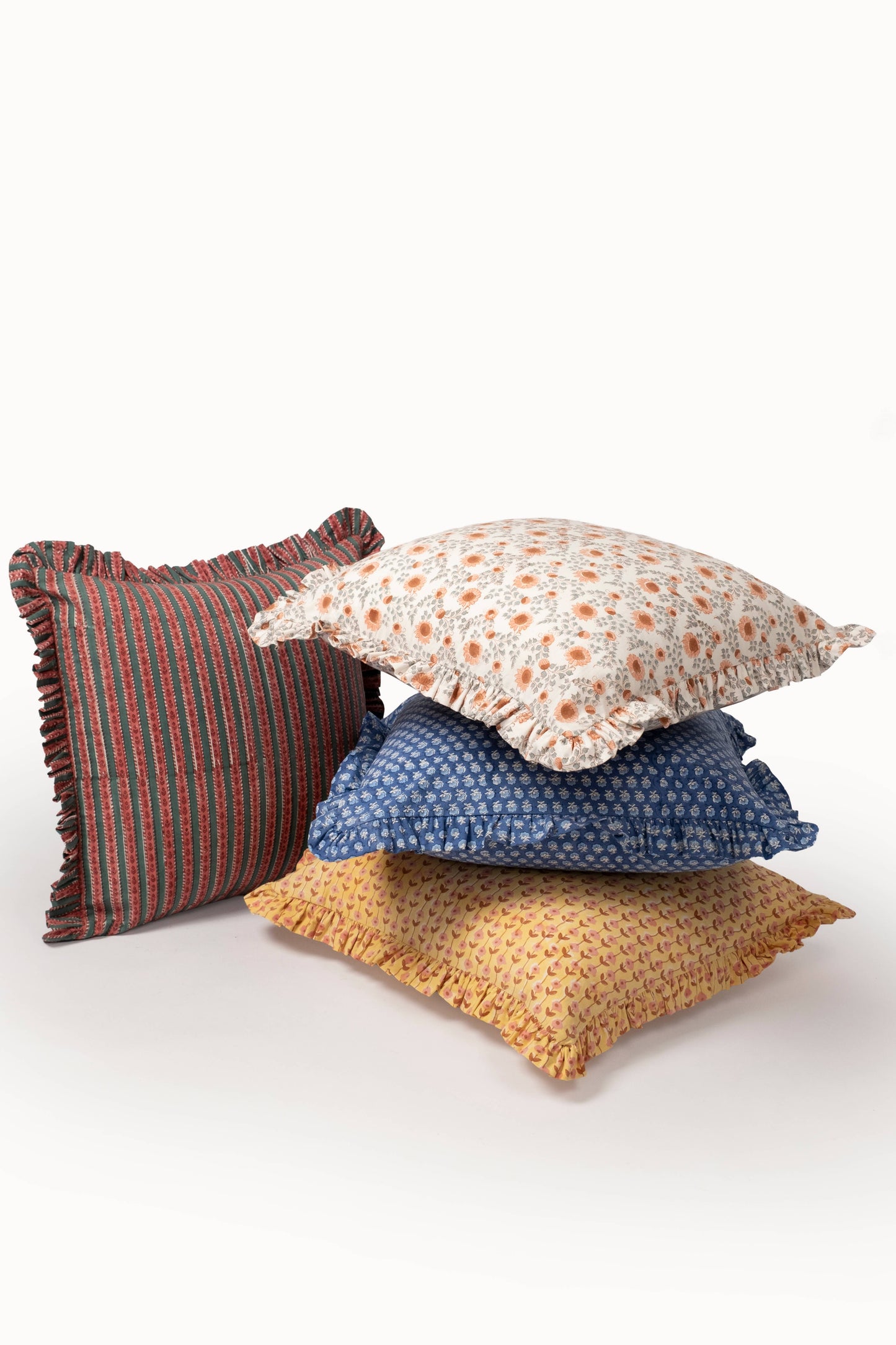 Sunwashed Floral Yellow Ruffle Blockprint Pillow Cover