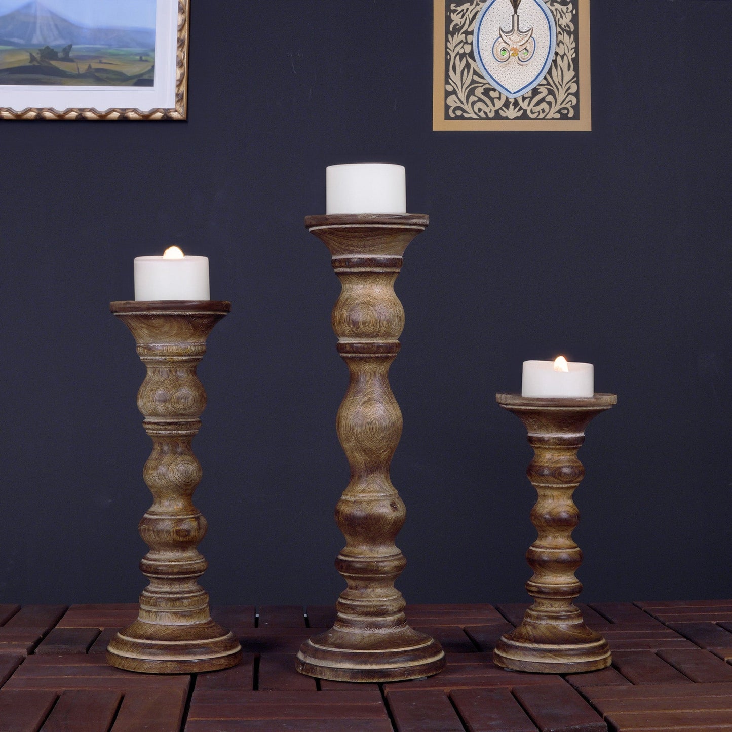 Willow Deep Brown Pillar Large Candleholder Set