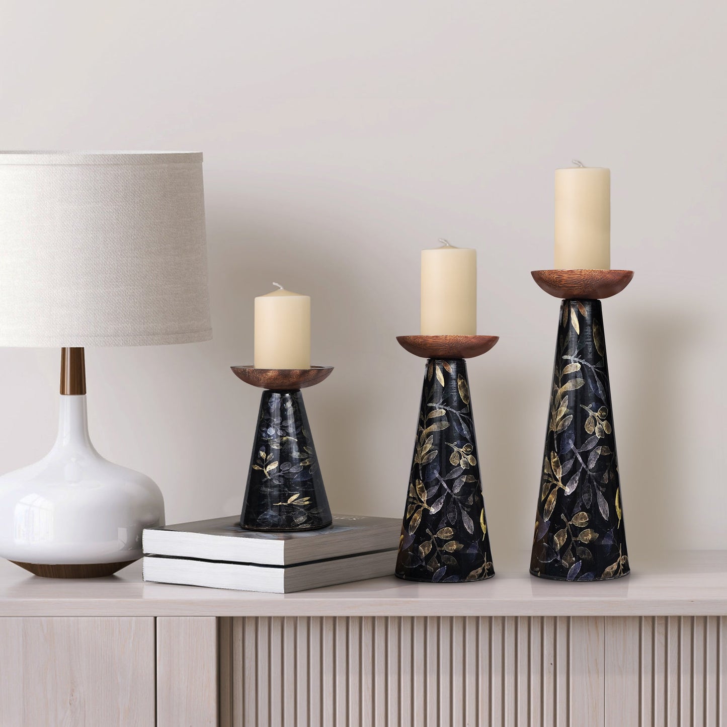 Floral Pillar Candleholder Set - Black