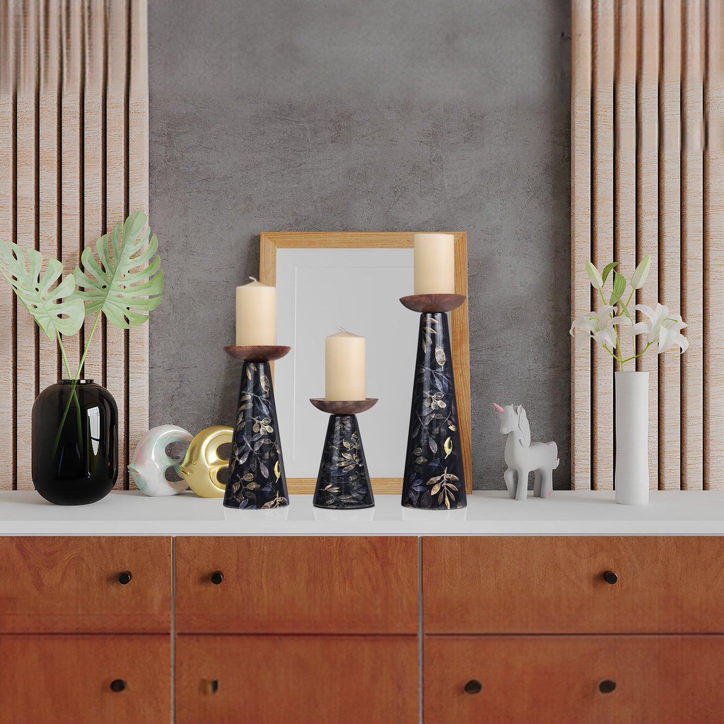 Floral Pillar Candleholder Set - Black - Osadia Concept Store