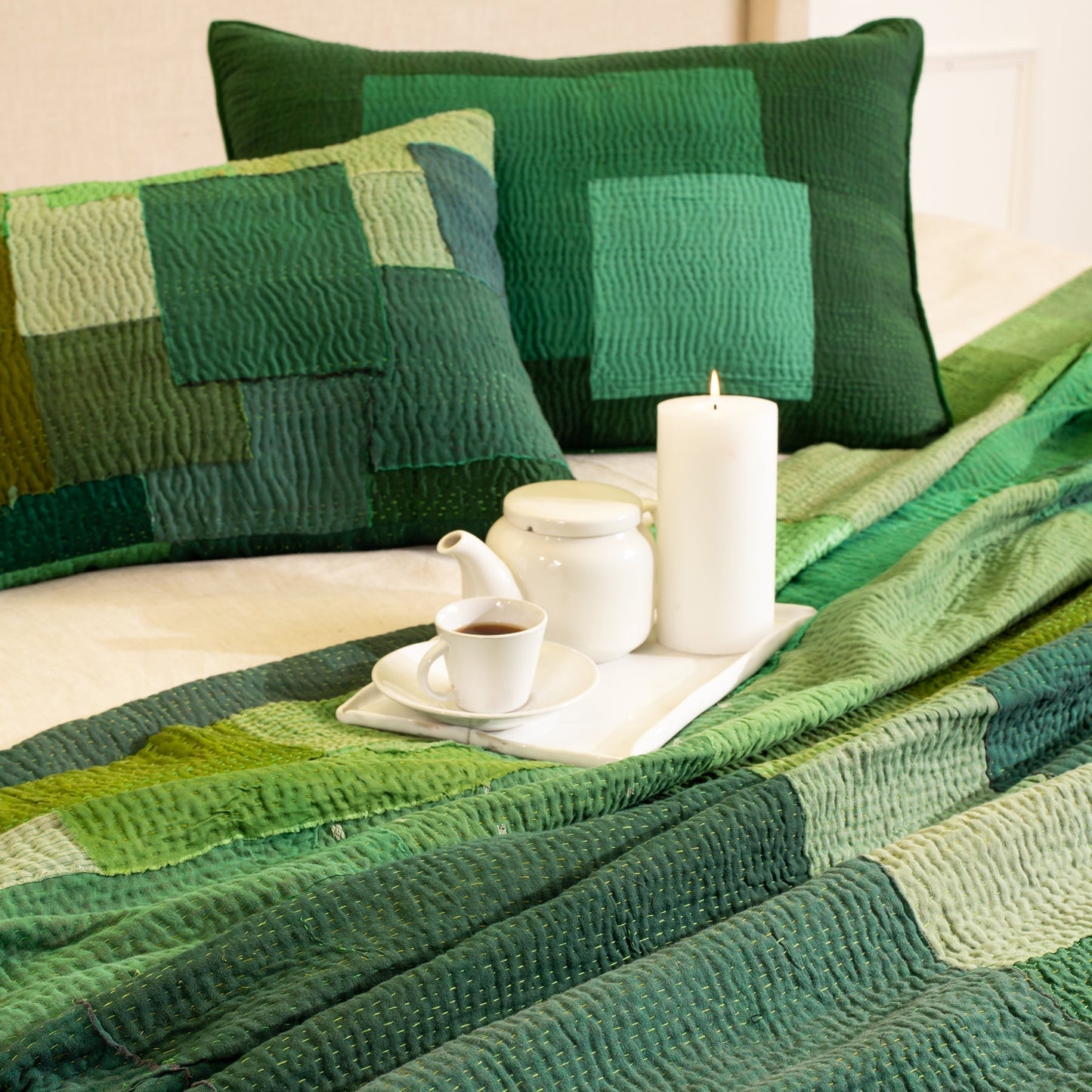Landscape Fray Patch Handmade vintage Kantha Throw - Green