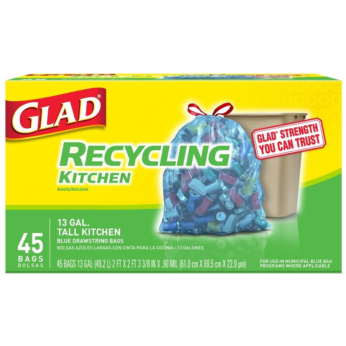 Glad Recycling Tall Kitchen Blue Drawstring Trash Bags - 13 Gallon