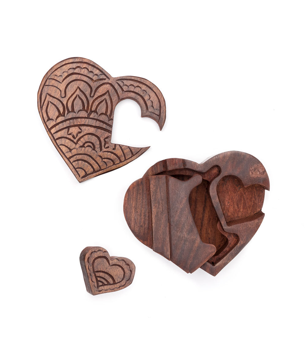 Heart Puzzle Box Jewelry Holder - Hand Carved Wood - Osadia Concept Store