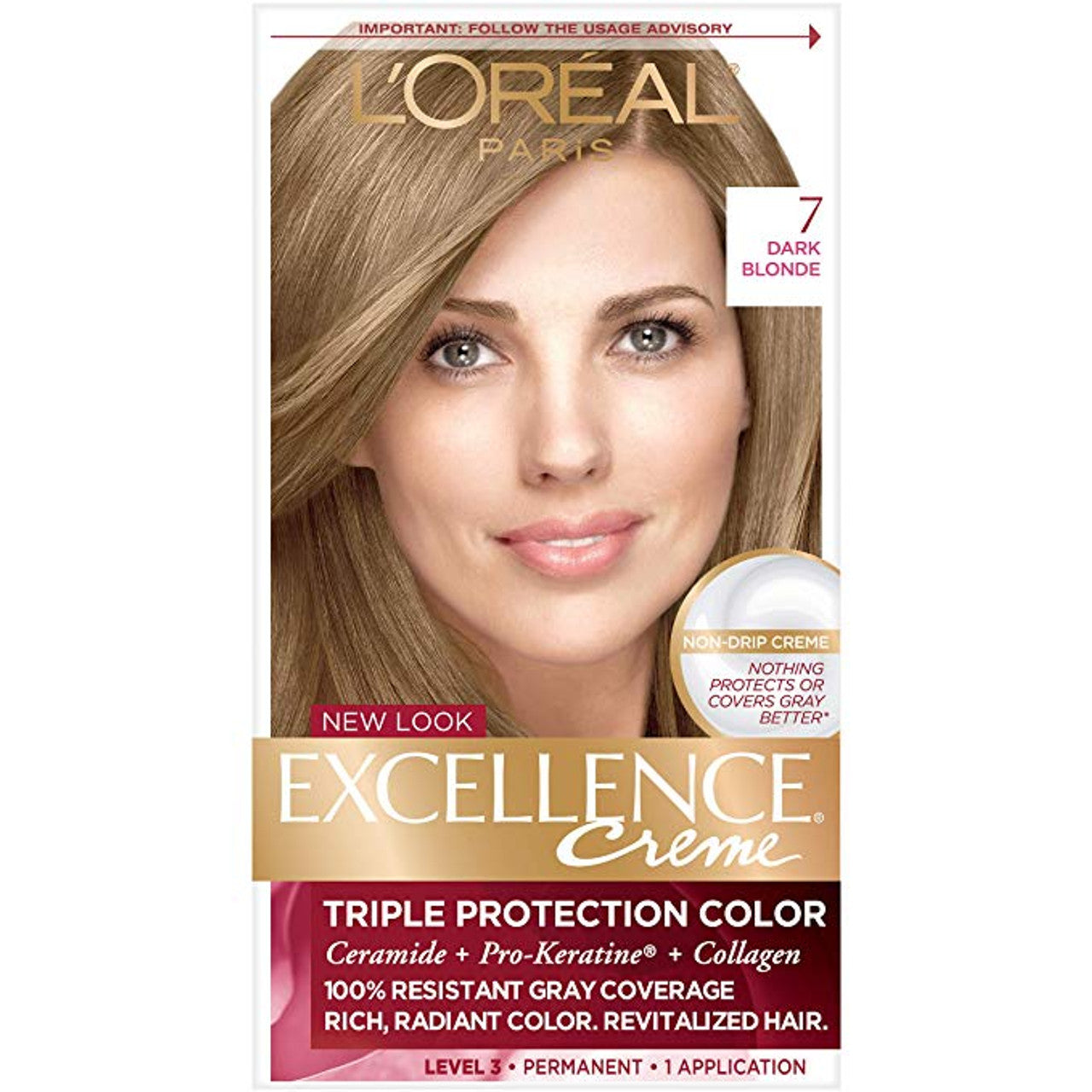Excellence L'Oreal Paris Créme Permanent Triple Protection Hair Color, 7 Dark Blonde, 1 Kit