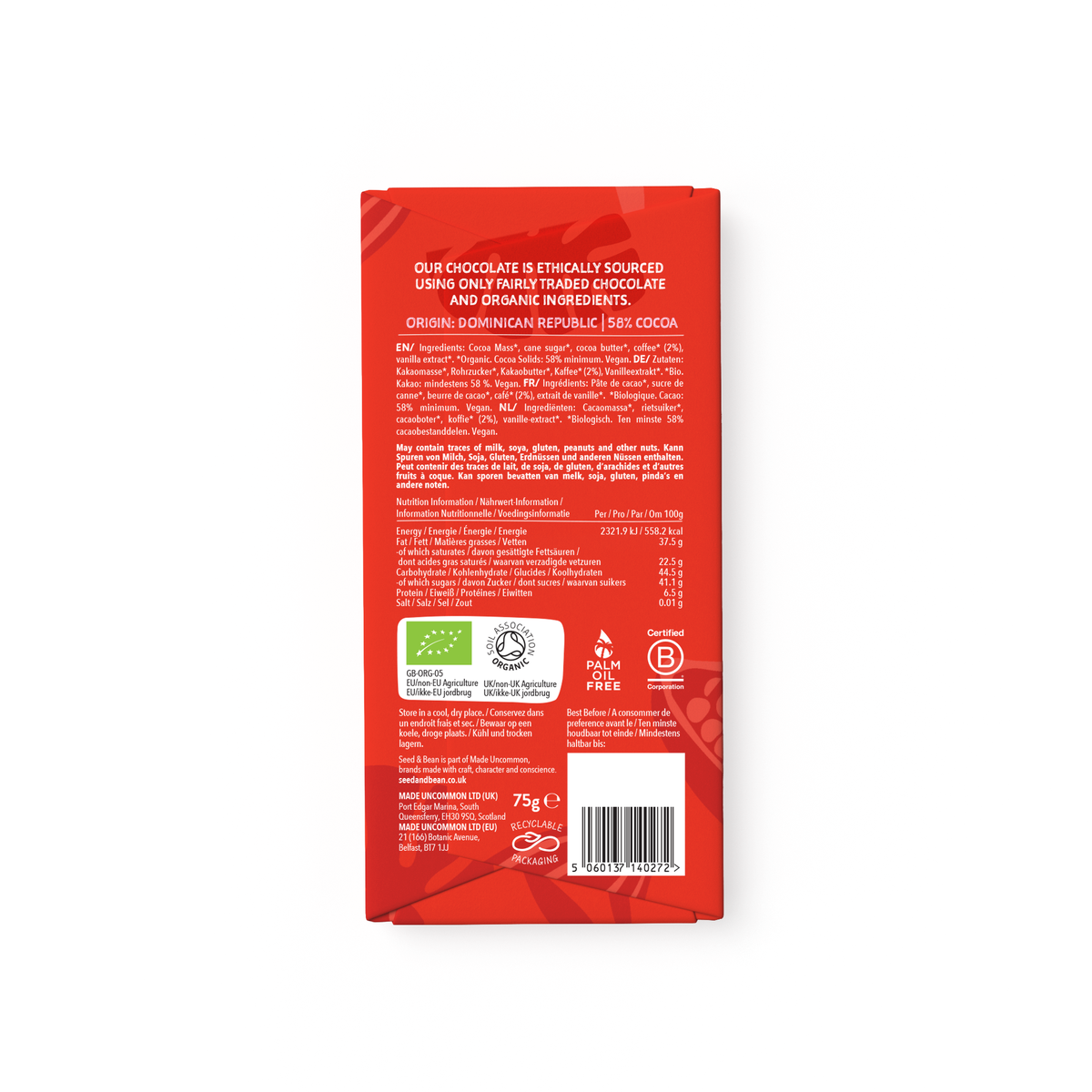 Espresso Dark Chocolate Bar - 75g - Organic, Vegan, 58% Cocoa