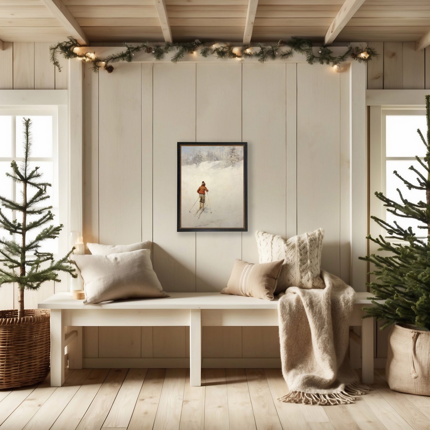 Vintage oil painting of Boy skiing