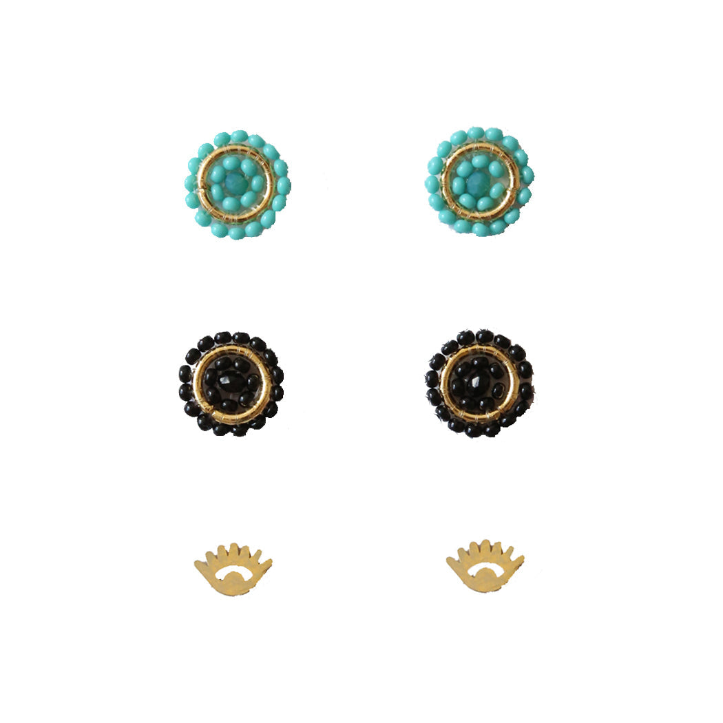 Beaded Stud Pack Black + Turquoise