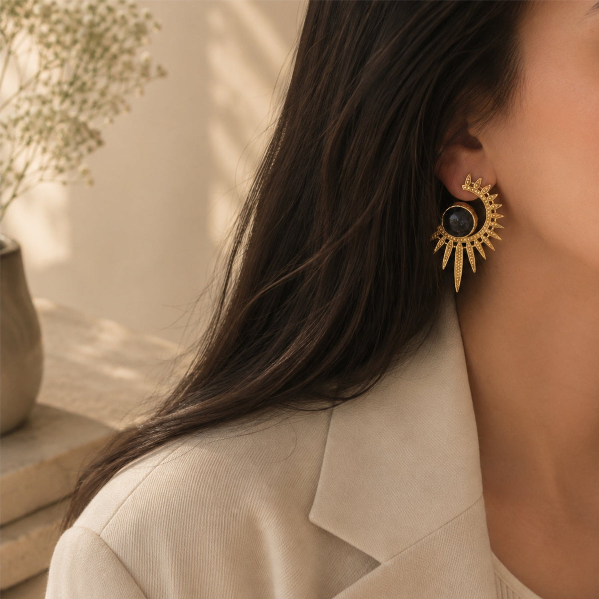 Sabira Lapis Crescent Sunburst Earrings