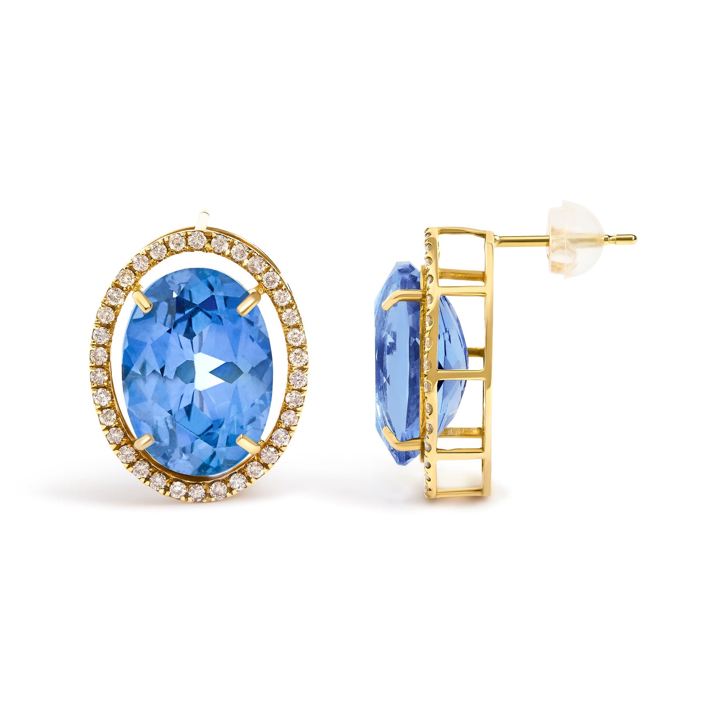 18K Yellow Gold 11x14MM Blue Fluorite Oval Stud Earrings with 1/2 Cttw Diamond Halo