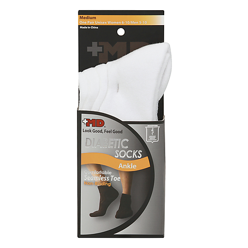 Plus MD Diabetic Socks Seamless Toe White Ankle Medium, Unisex - 1 Pr