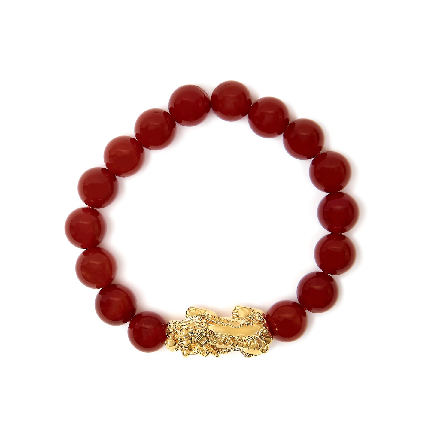 18K Yellow Gold Dragon Charm Red Agate Beaded Charm Bracelet