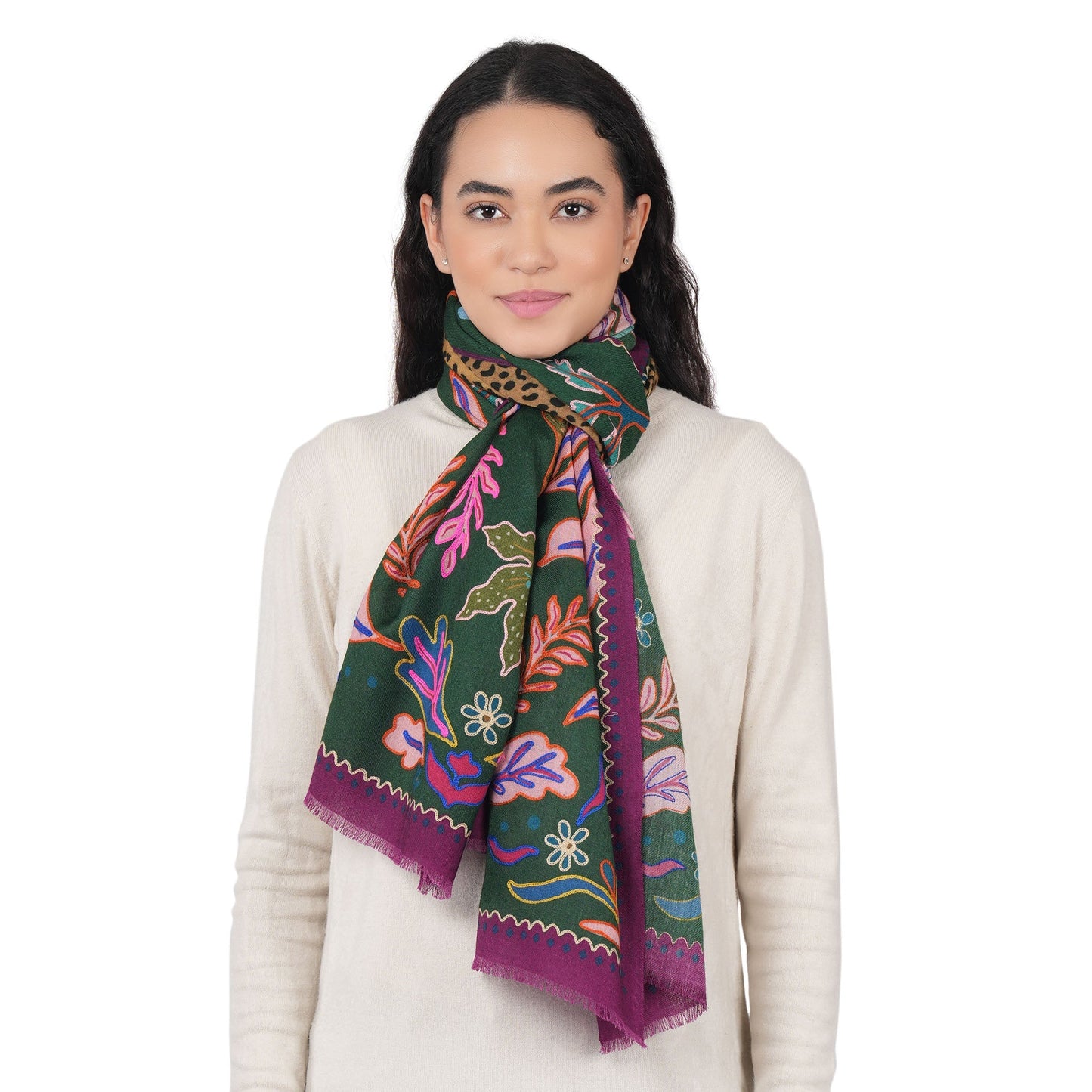 Wild Grace Wool Embroidered Scarf – Jungle Green