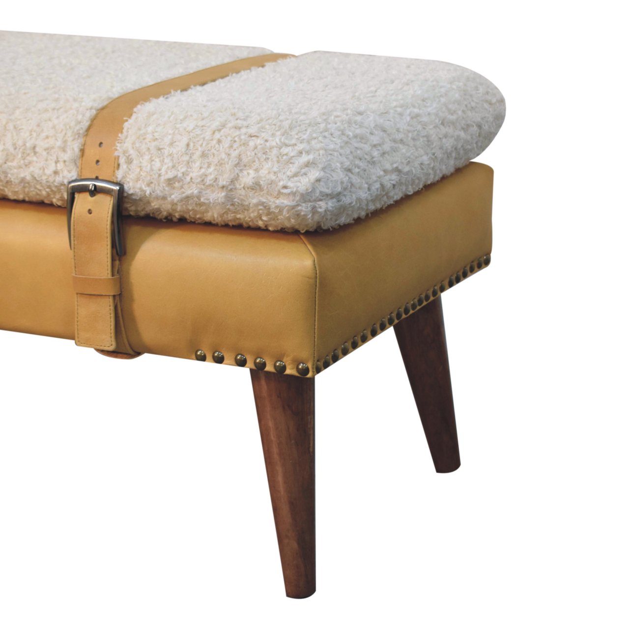 Solid Wood Boucle Tan Leather Bench