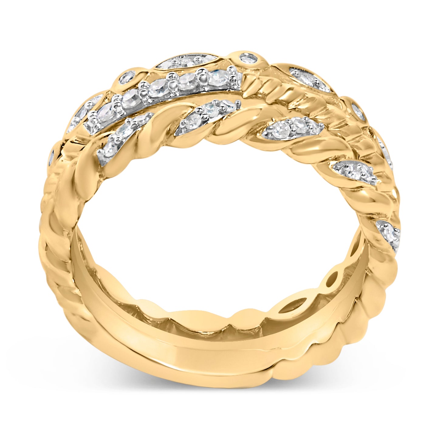 14K Yellow Gold Plated Sterling Silver 1/4 Cttw Diamond Twist Leaf Stackable Ring Set