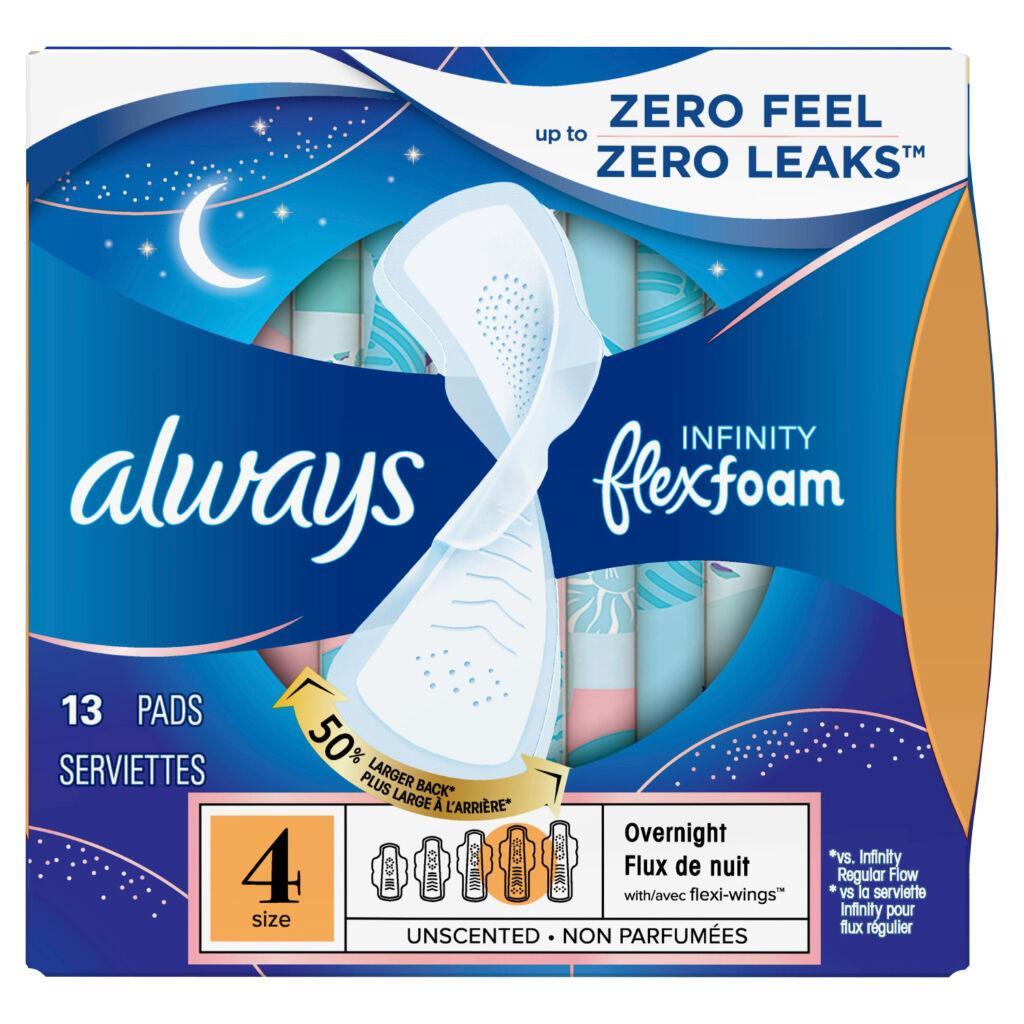 Always InFinity FlexFoam Pads With Wings Overnight Absorbency Size 4 Unscented
