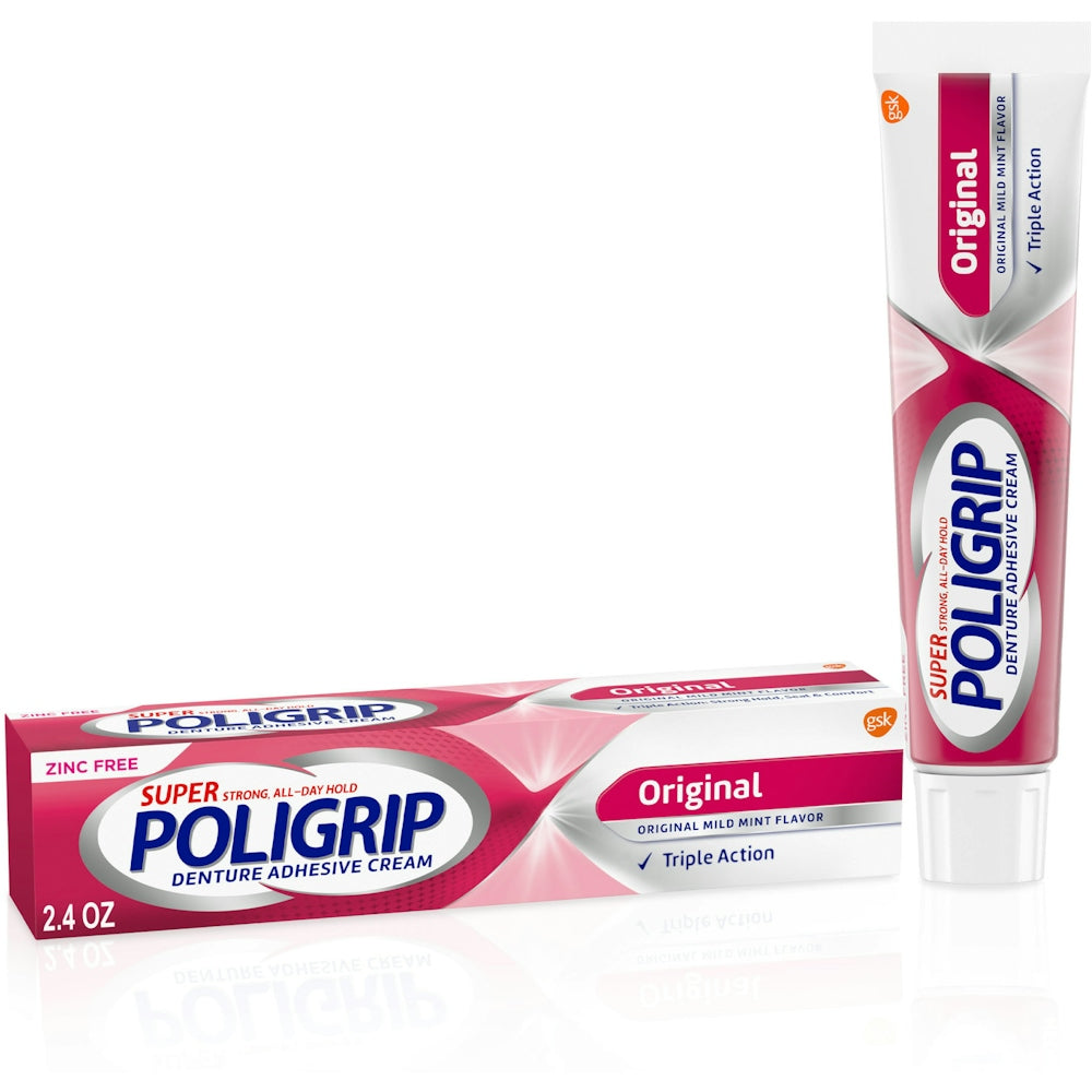 Poligrip Denture Adhesive Cream, Zinc Free, Original Mild Mint Flavor - 2.4 Ounce