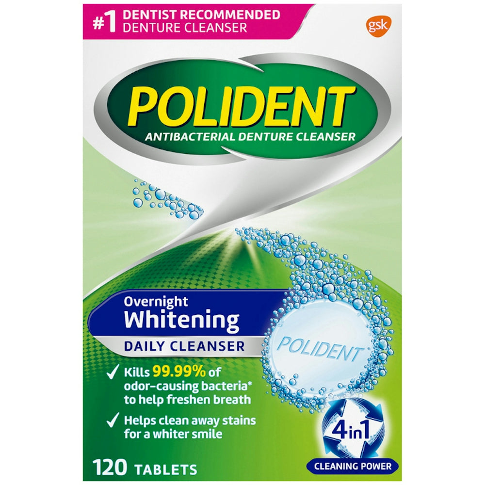 Polident Overnight Whitening Tablets Triple Mint Freshness Antibacterial Denture Cleanser