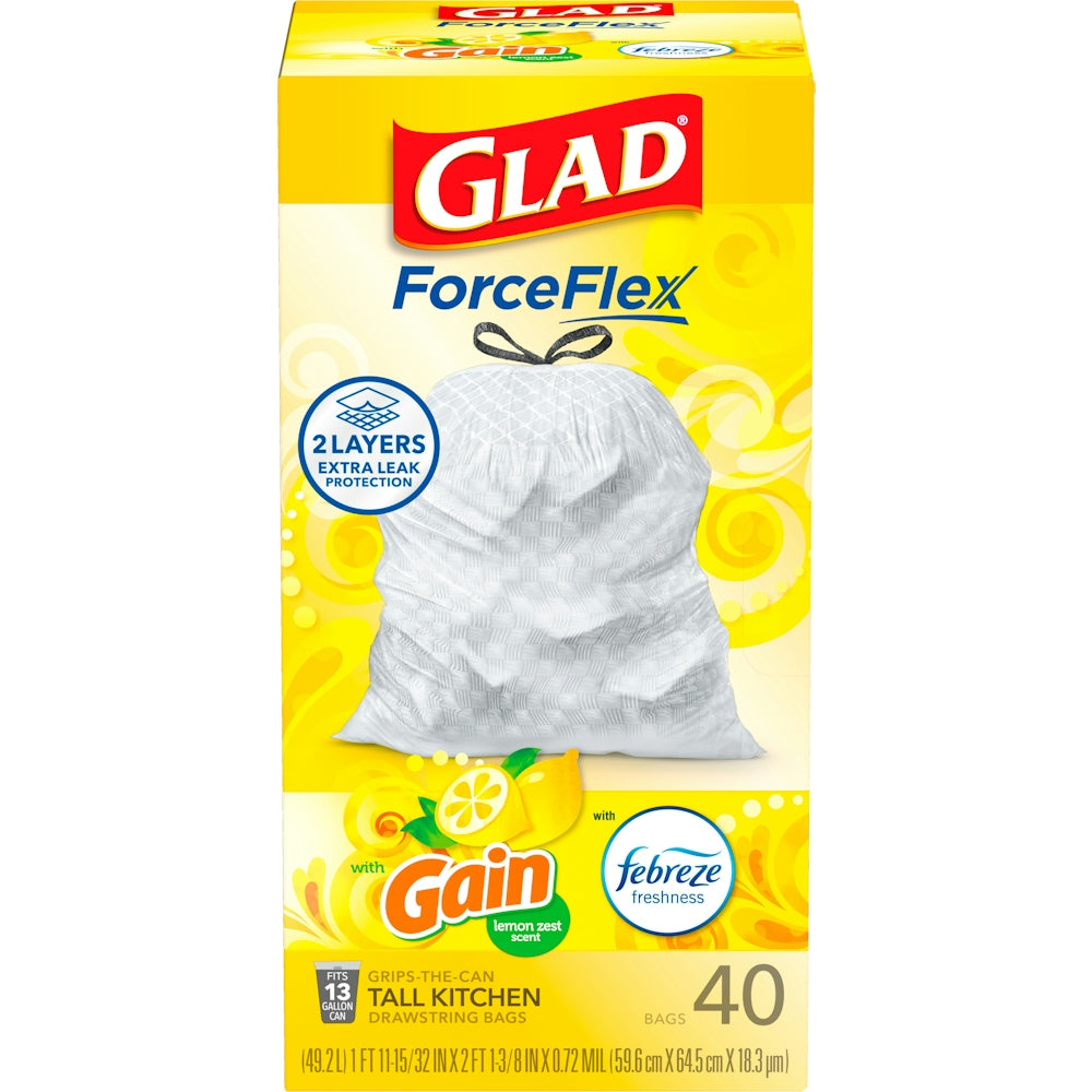 Glad Drawstring Bags, Tall Kitchen, Lemon Zest Scent, 13 Gallon