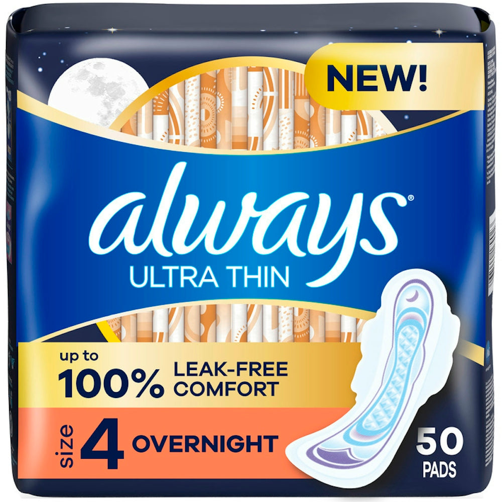 Always Ultra Thin Overnight Absorbency Unscented Pads With Wings - Size 4 - 50ct