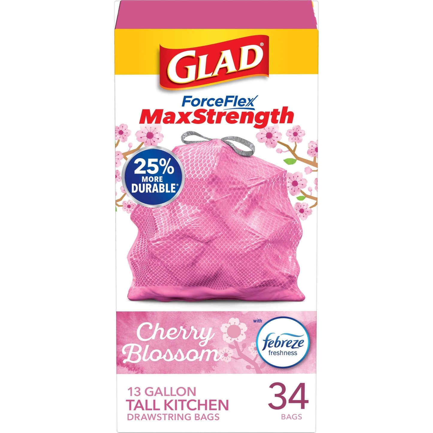 Glad Drawstring Bags, Tall Kitchen, Cherry Blossom, 13 Gallon