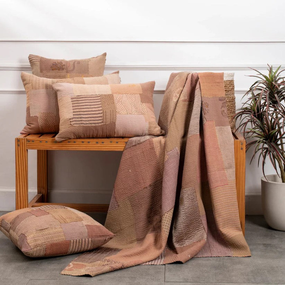 Mosaic Fray Patch Vintage Kantha Throw - Mushroom