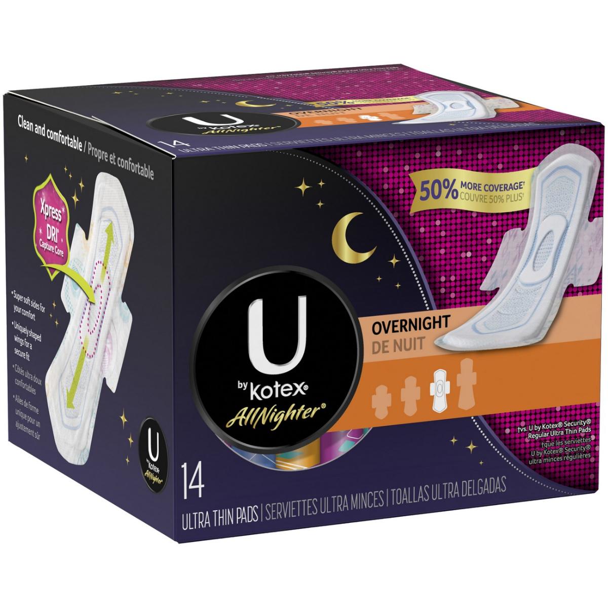 U by Kotex All Nighter Pads, Ultra Thin, Wings, Overnight