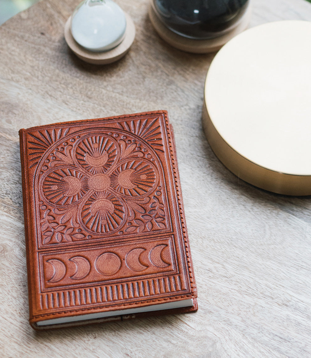 Embossed Brown Leather Moon Phase 5x7 Journal - Refillable Cruelty-Free - Osadia Concept Store