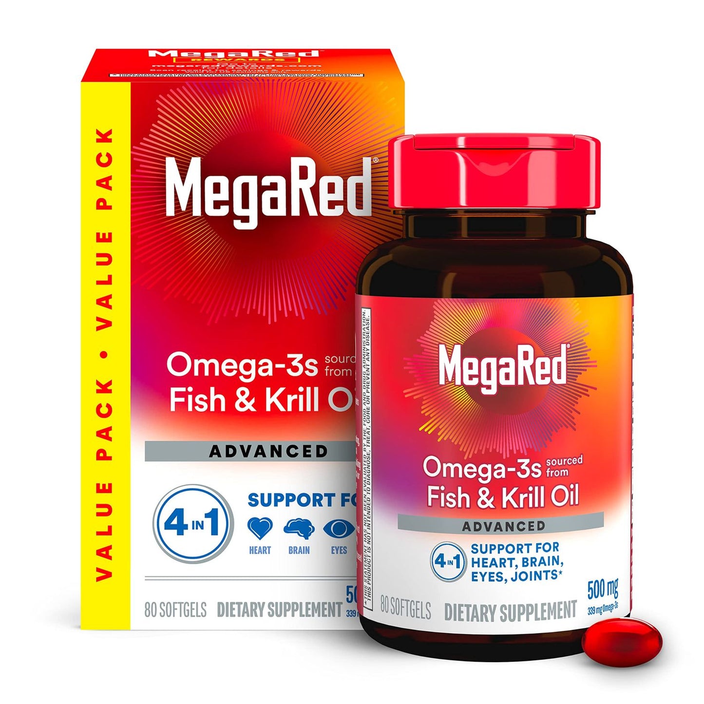 MegaRed Omega 3s, Advanced, Fish & Krill Oil, 4 In 1, 500 Mg, Softgels, Value Pack