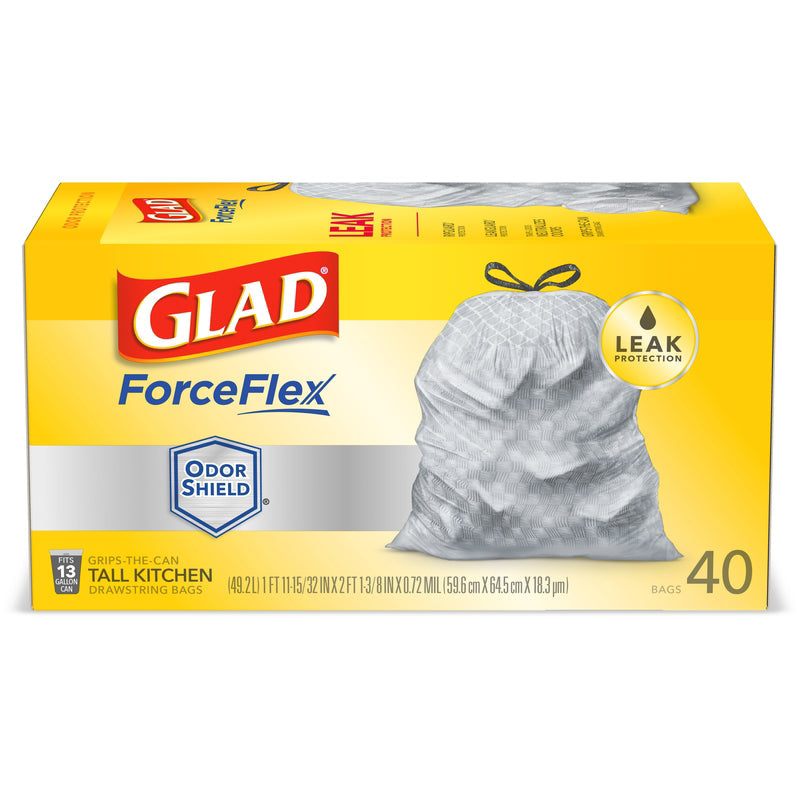 Glad ForceFlex OdorShield Tall Kitchen Drawstring Trash Bags Unscented, 13 Gallon White