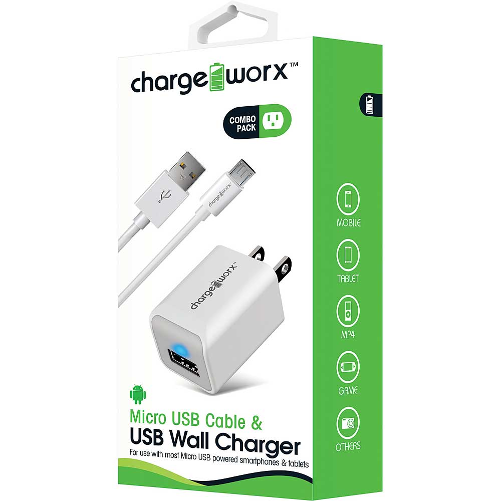 Chargeworx Micro USB Sync Cable & USB Wall Charger, White