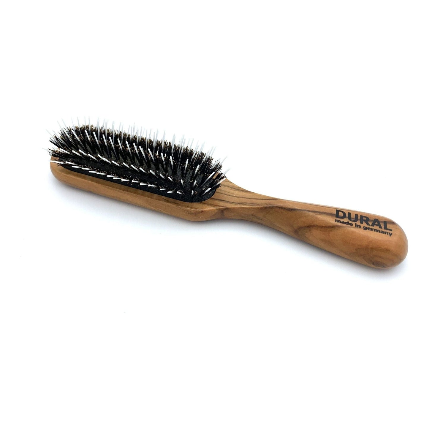 Dural Hair Brush For Styling & Care Rubber Cushion Wild Boar Bristles With Styling Pins Olive Wood
