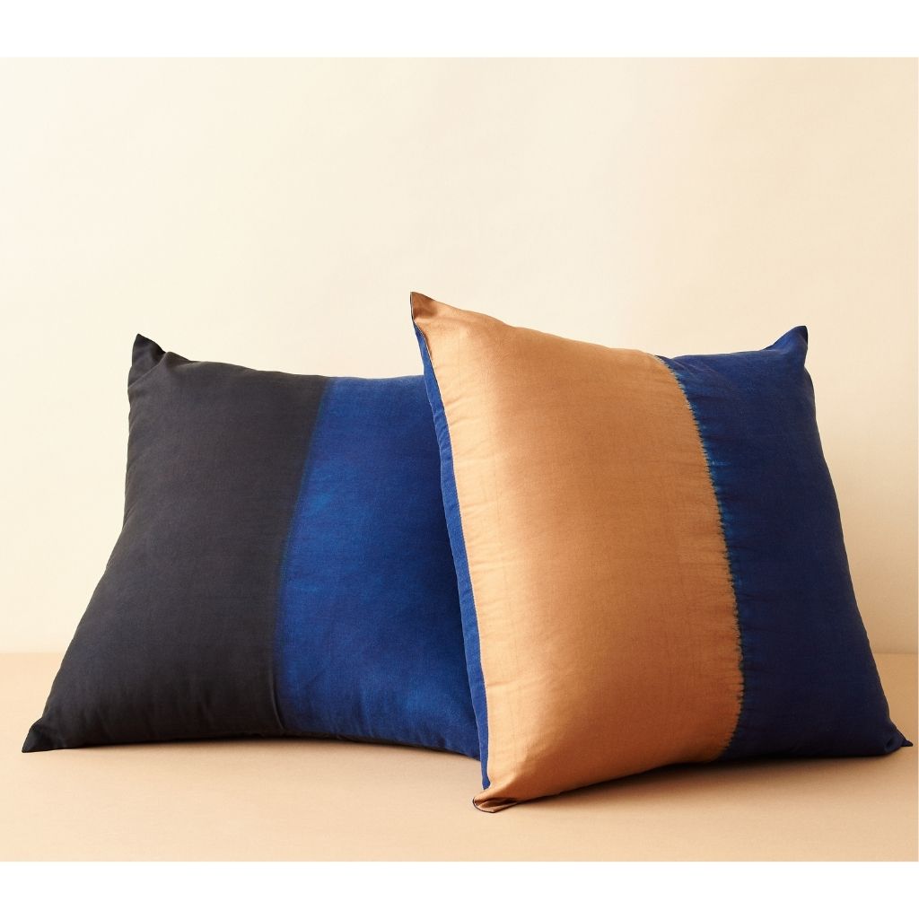 Aakar Indigo Gold Color Block Mulberry Silk Pillow
