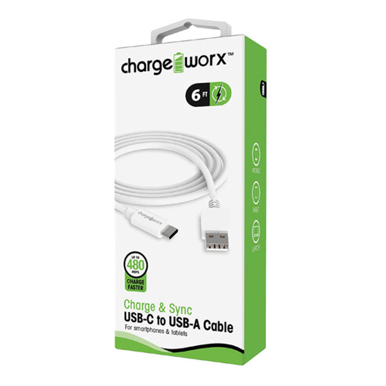 Chargeworx 6feet USB-C To USB-A Sync & Charge Cable, White