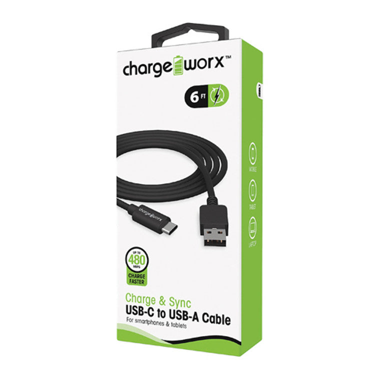 Charge Worx 6ft USB-C To USB-A Sync & Cable, Black