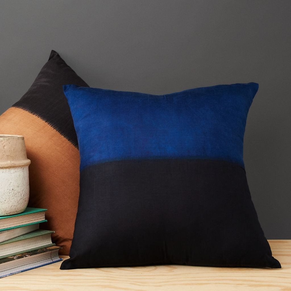 Aakar Mor Black & Indigo Color Block Mulberry Silk Pillow