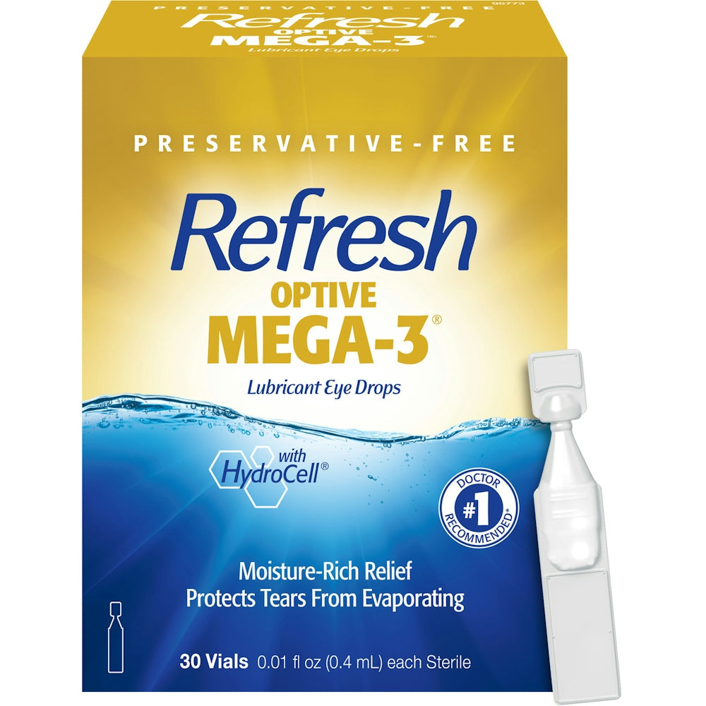 Refresh Optive Mega-3 Lubricant Eye Drops Non-Preserved Tears, 0.01 Fl Oz (0.4 mL), 30 Single-Use Containers