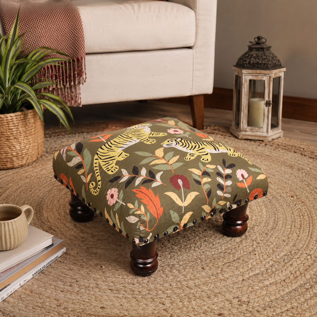 Botanical Tiger Foot Stool | Cotton Fabric | 16x16x9"