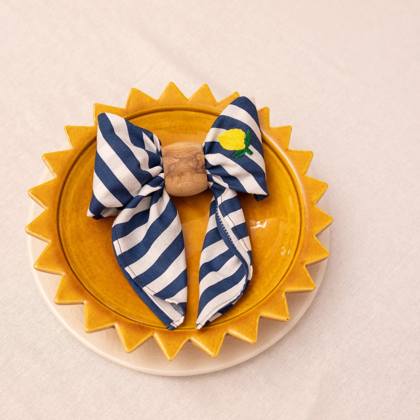 Blue Striped Lemon Embroided Napkins - Set of 2