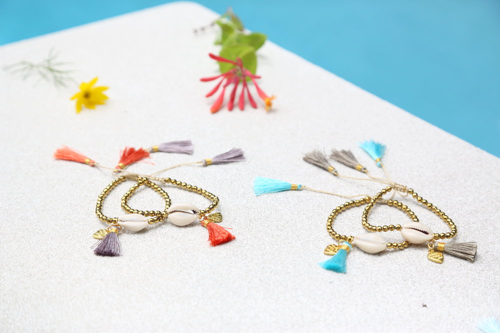 Beaded Shell Tassel Bracelet Coral