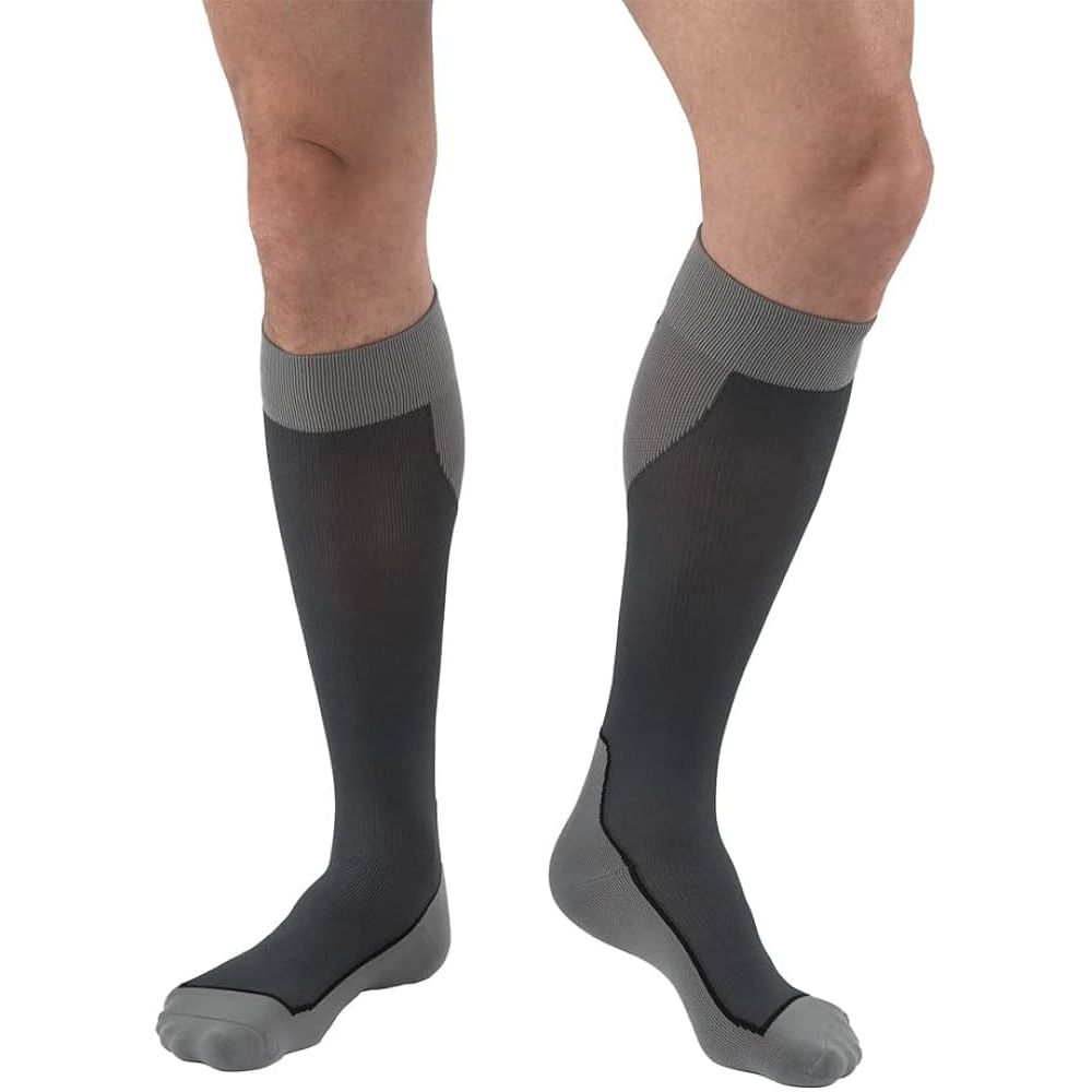 GNP Unisex Knee-High Compression Socks (15-20 mmHg) – Black/Grey Stripe, Size Small