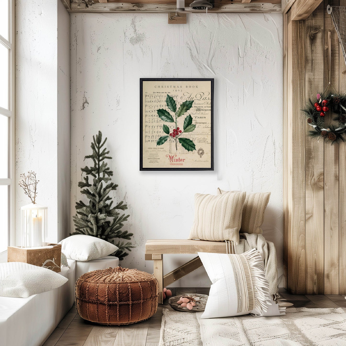 Vintage Painting of Holly on a distressed bookplate background