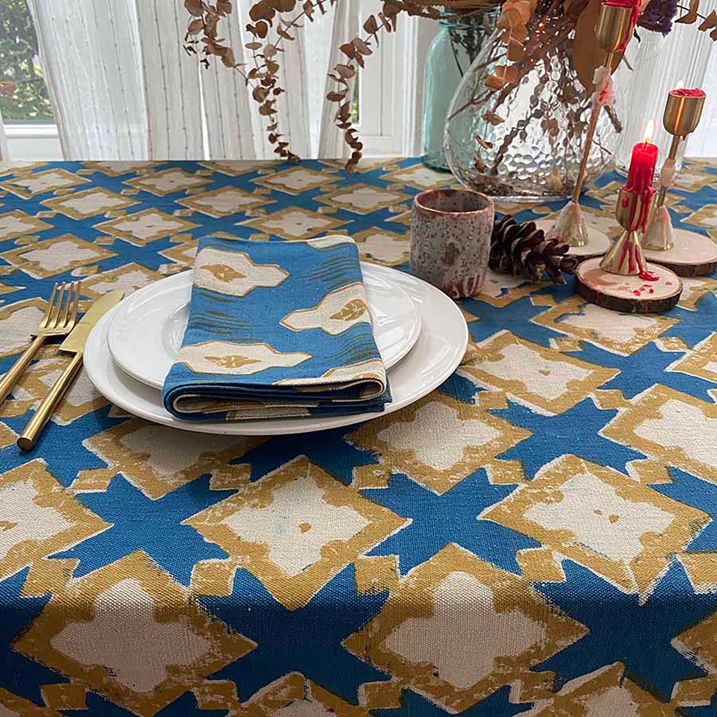 Boho Organic Cotton Tablecloth - Hopi Blue