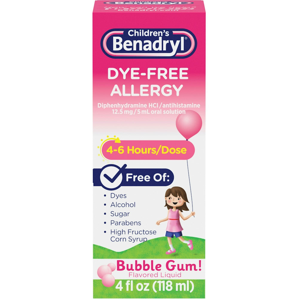 Benadryl Allergy, Dye Free, Liquid, Bubble Gum! Flavored 4 Fl Oz