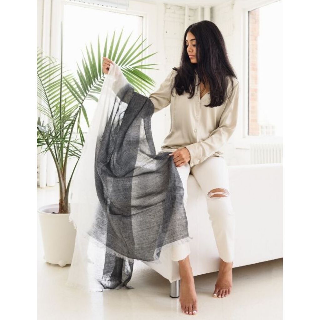 Granite Black White Ombre Linen Silk Handloom Scarf