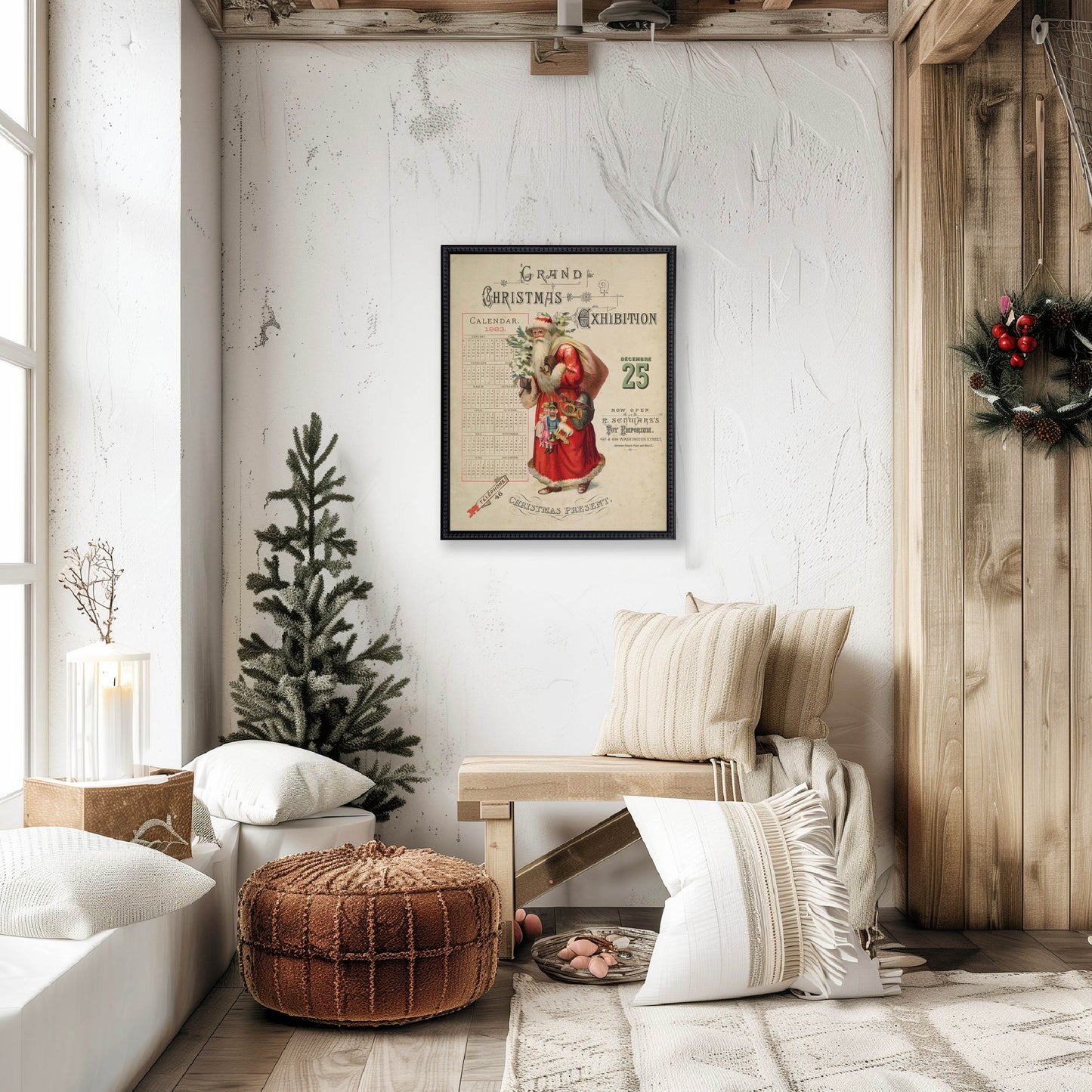 Vintage Painting of Santa on a distressed bookplate background