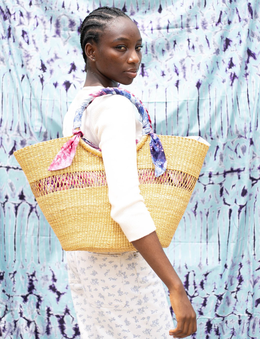 Butterfly Bag Medium - Naturel w/ Light Blue, White and Brown Lining