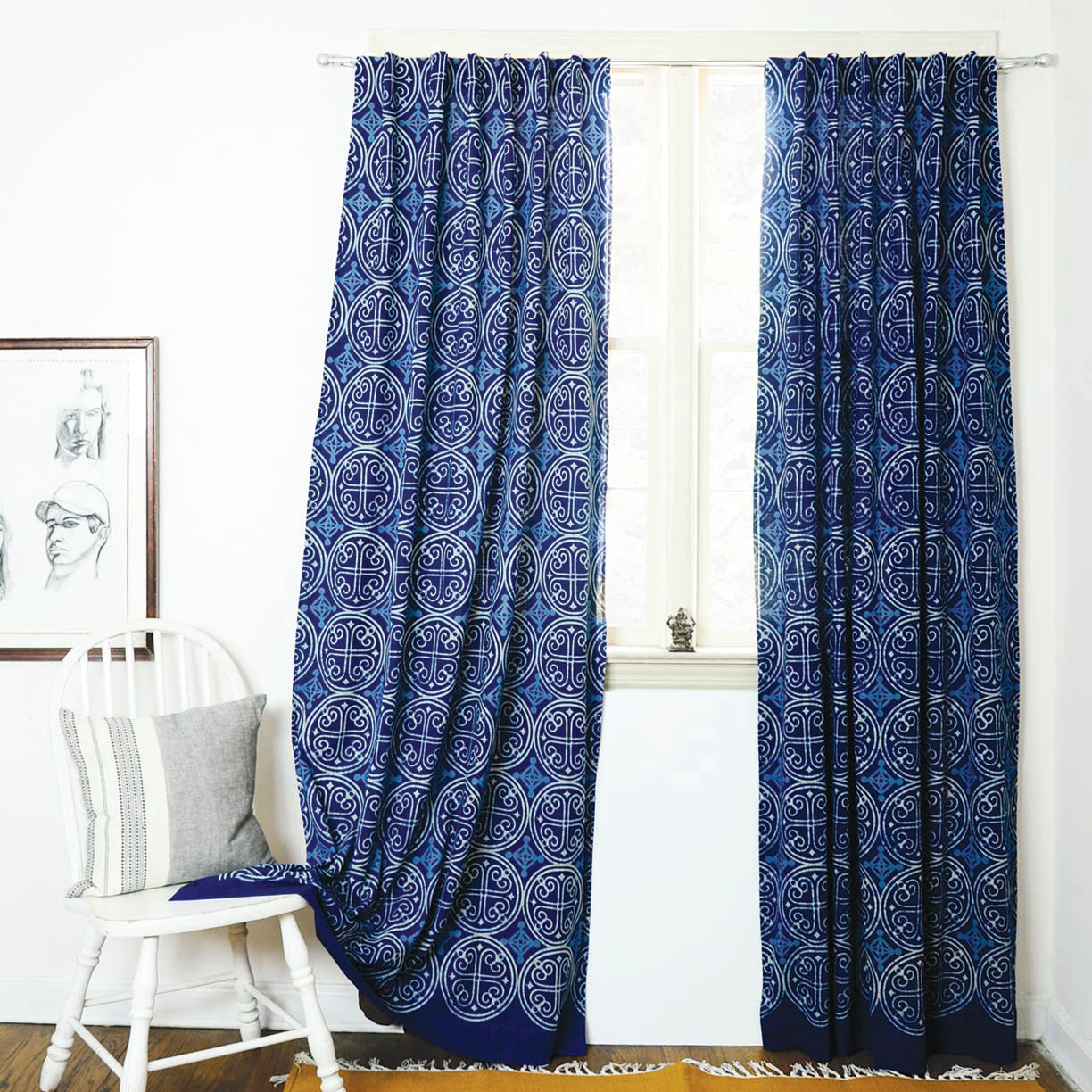 Indigo Cotton Curtain, Eco-Friendly Window Panel - Greece