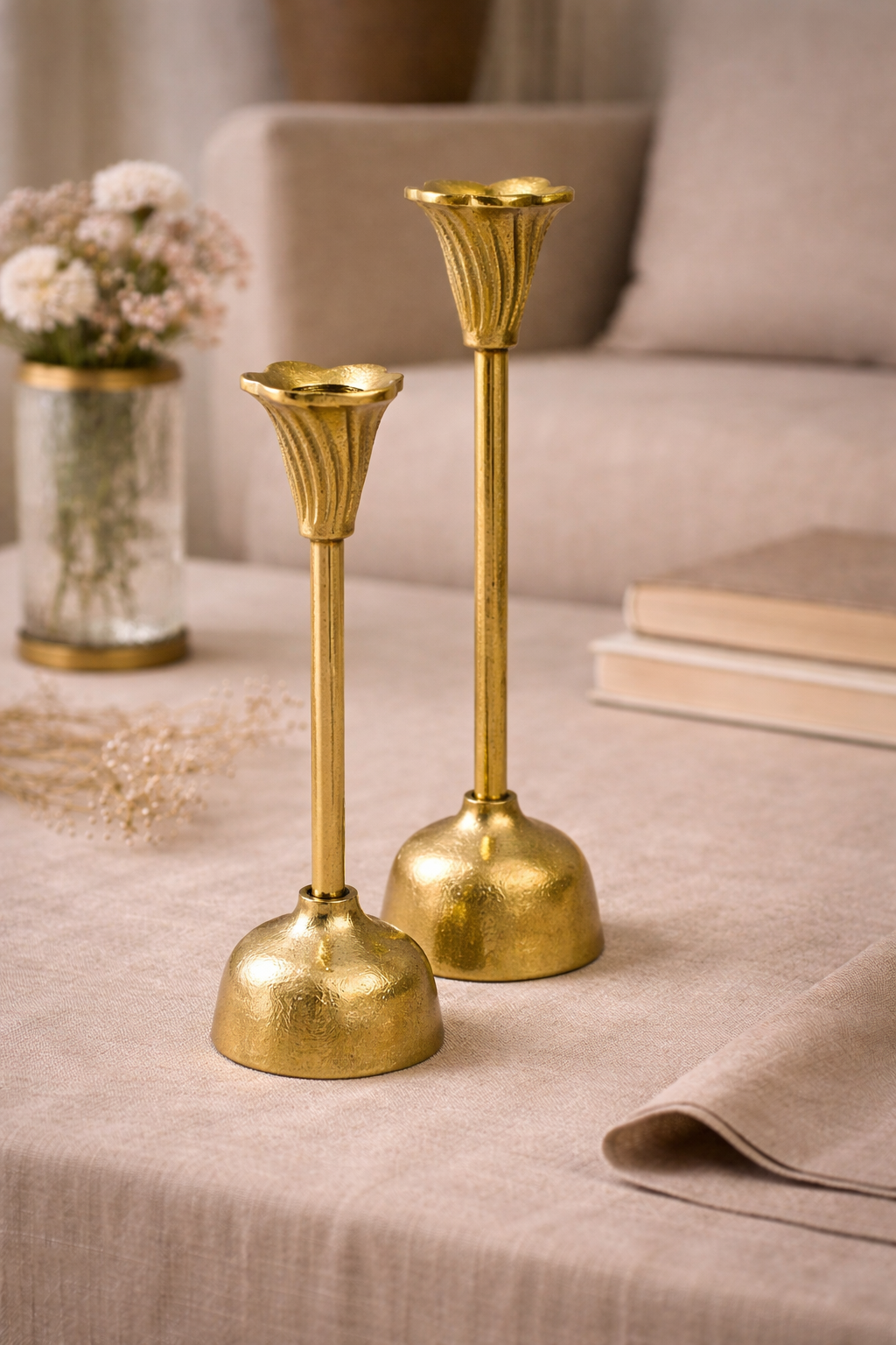 Bloom Candle Holder – Hand-Cast Gold Aluminium Fluted Taper Candle Stand