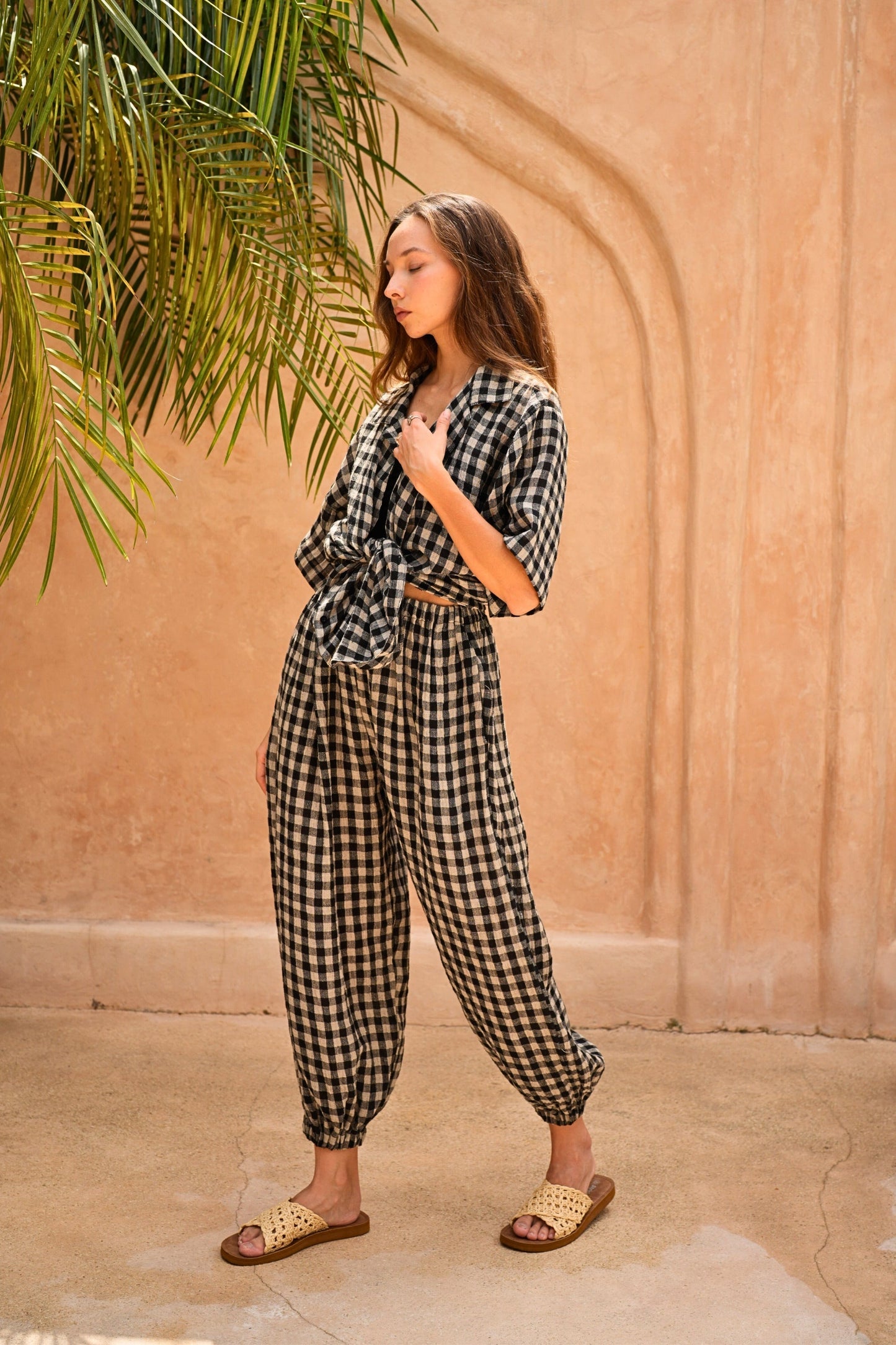 Vanessa Linen Gingham Balloon Pants in Black
